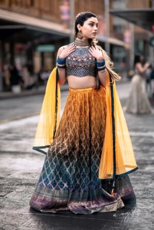 Royal Blue & Gold Ombre Lehenga with Embroidered Blouse & Dupatta