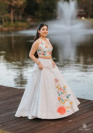 Elegant Floral Embroidered White Lehenga Set