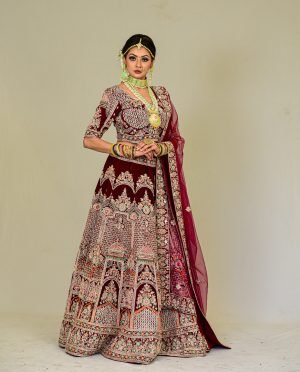 Naintara Bajaj Inspired Maroon Velvet Embroidered Lehenga Set