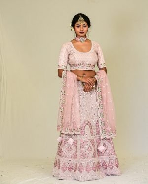 Elegant Blush Pink Bridal Lehenga with Delicate Floral Embroidery
