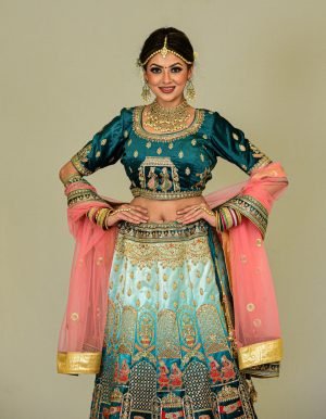 Regal Teal & Gold Bridal Lehenga with Temple-Inspired Embroidery
