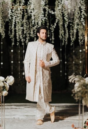 Embroidered Art Silk Sherwani in Off White